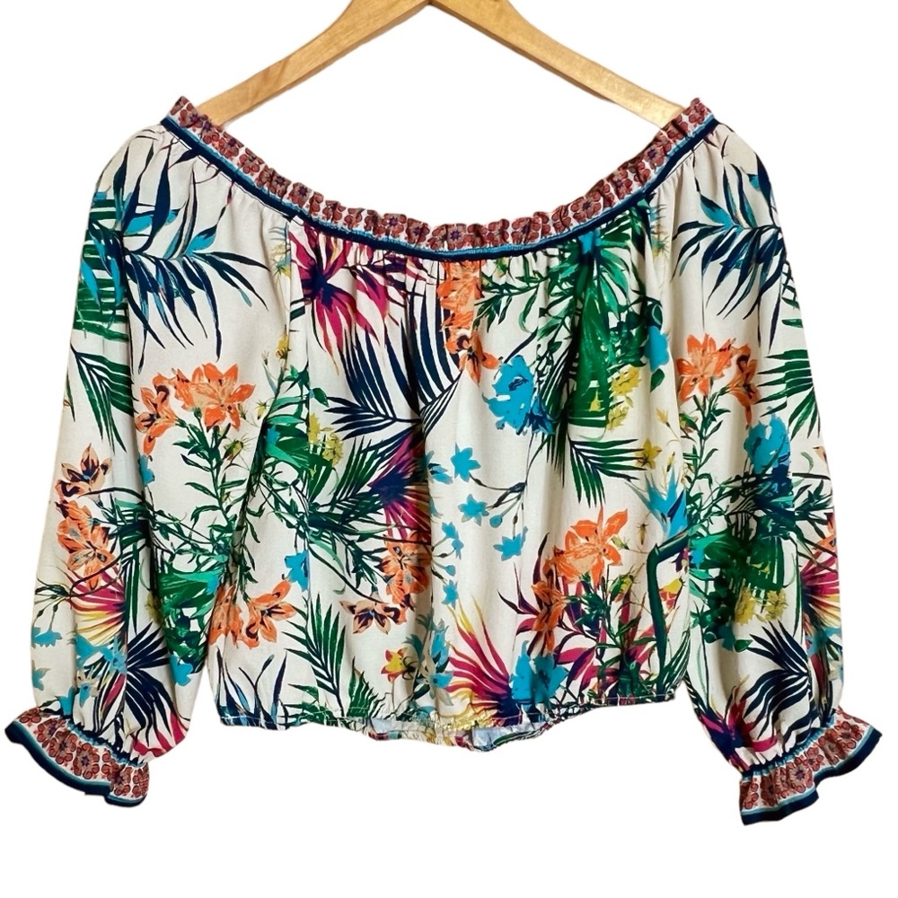 Flying Tomato Boho Cropped Floral Top Womens S Off the Shoulder Ruffle Festival